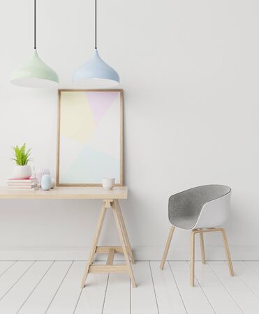 Interior poster mockup with vertical empty room with white wall. 3D renderingの写真素材