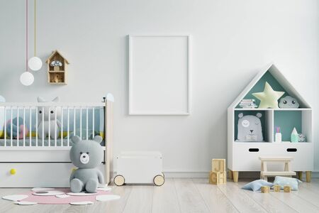 Mock up poster frame in children room,kids room,nursery mockup,white wall,3d renderingの写真素材