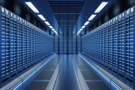 Server Room Network with blue lights,3D rendering