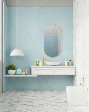 Modern Bathroom interior design on blue wall,3d renderingの写真素材