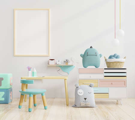 Mock up poster frame in children room,kids room,nursery mockup,white wall,3d renderingの写真素材