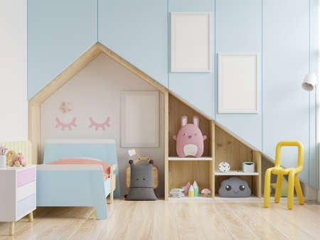 Children's bedroom with a roof house and blue walls/mockup poster frame in children room,3d renderingの写真素材