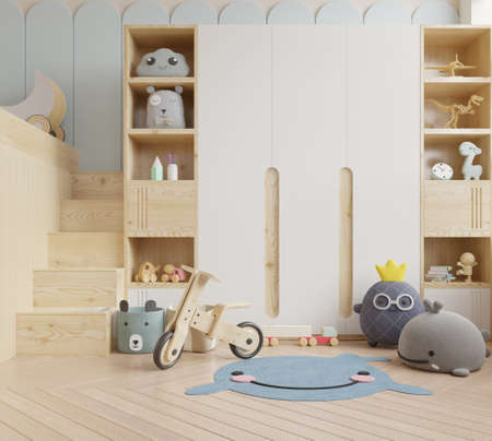 Mock up wall in the children's room in white wall background .3d rendering