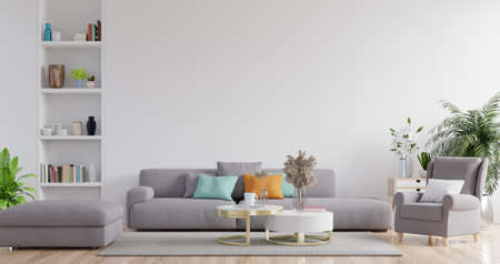 Modern living room interior with sofa and green plants,lamp,table on white wall background.3D renderingの写真素材