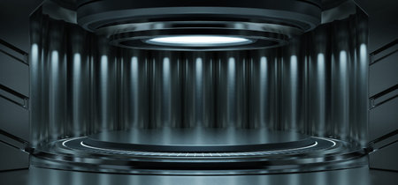 Empty light blue studio room futuristic Sci Fi big hall room with lights blue, Future background for design,3d renderingの写真素材