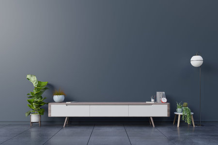 Cabinet TV in empty interior room ,dark wall with wood shelf,lamp ,plants and table wood ,3d...