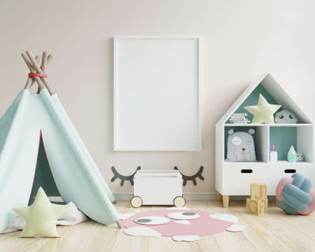Mock up poster frame in children room,kids room,nursery mockup,white wall,3d renderingの写真素材