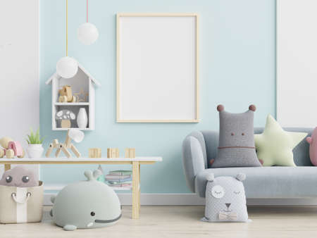 Blue sofa and doll,cute pillows in elegant child's room with posters on the wall.3d renderingの写真素材