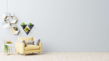 The interior has a yellow armchair on empty gray wall background,3D renderingの写真素材