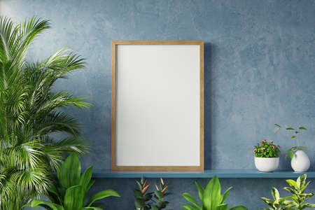 Interior poster mockup with plant in room with dark blue wall. 3D renderingの写真素材