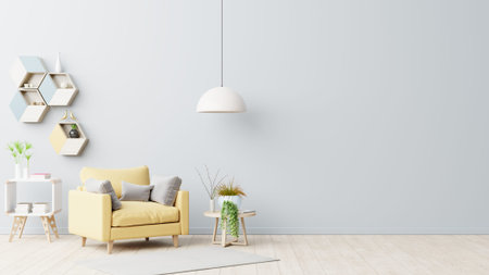 The interior has a yellow armchair on empty gray wall background,3D rendering