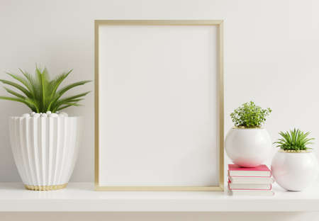 Home interior poster mock up with vertical metal frame with ornamental plants in pots on empty wall background.3D renderingの写真素材