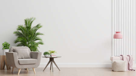 The interior has a armchair on empty white wall background,3D renderingの写真素材
