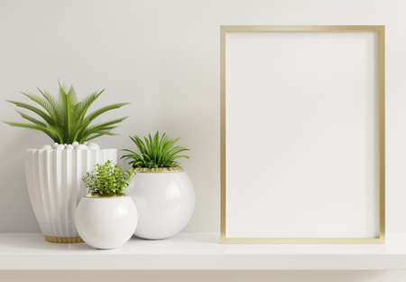 Home interior poster mock up with vertical metal frame with ornamental plants in pots on empty wall background.3D renderingの写真素材