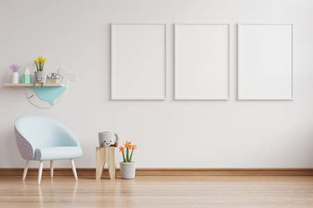 Interior mockup nursery room, kids room, wall frame mockup.3d renderingの写真素材