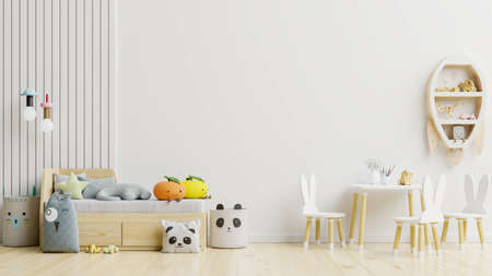 Mockup wall in the children's room with Chair set./wall white colors background.3D Rendering