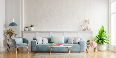 White plaster wall living room have sofa and armchair,3d rendering