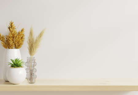 Mockup wall with ornamental plants on shelf wooden,3d renderingの写真素材
