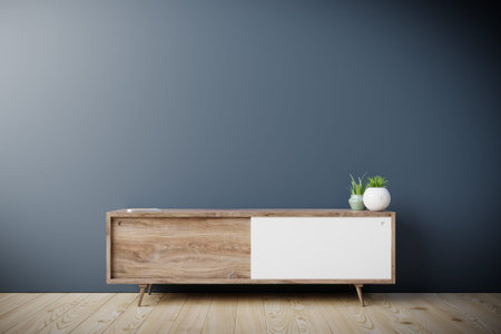 Tv cabinet in modern empty room,Dark wall, 3d rendering