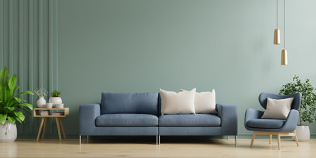 Green wall living room/Sofa and armchair,3D renderingの写真素材