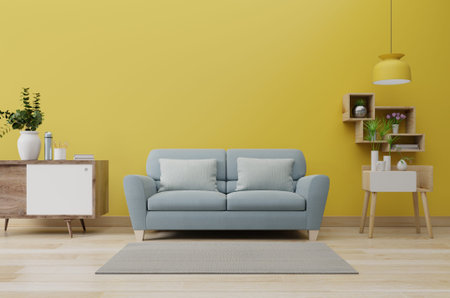 Modern living room interior with sofa and green plants,lamp,table on yellow illuminating wall...