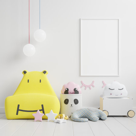 Mock up poster frame in children room,kids room,nursery mockup,White wall,3d renderingの写真素材