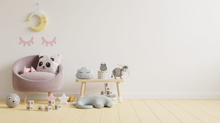 Mock up wall in the children's room with sofa in light white color wall background,3d renderingの写真素材