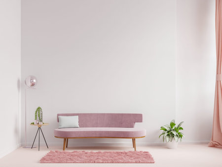 Modern living room interior design a pink sofa and armchair on empty white wall background,3D...