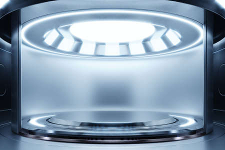 Empty dark blue studio room futuristic Sci Fi big hall room with lights blue, Future background for design,3d renderingの写真素材