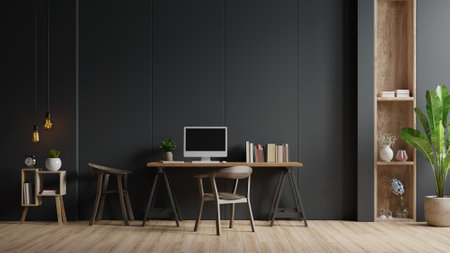 Modern interior working room with chair,plants,book,table on black wall background,3d renderingの写真素材