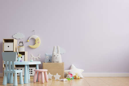 Mockup light purple color wall in the children's room On the wooden floor.3d renderingの写真素材
