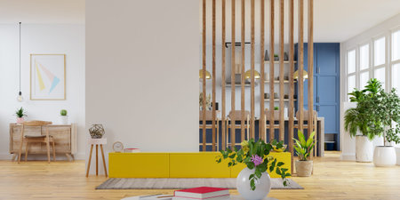 Modern interior room with furniture,TV room,Office room,Dining room,The kitchen.3d rendering