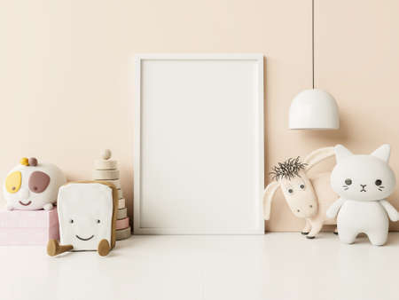 Mock up posters in child room interior, posters on empty cream color wall background,3D renderingの写真素材