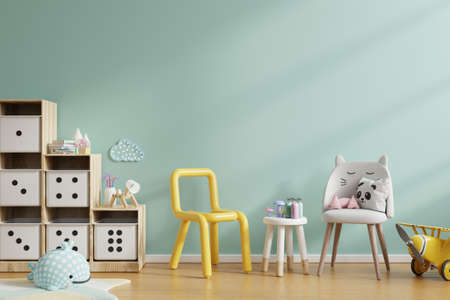 Mock up wall in the children's room in mint green color wall background.3d renderingの写真素材