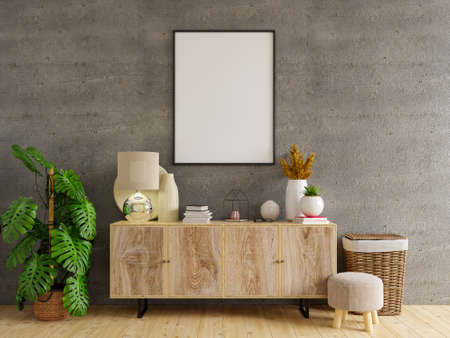 Mockup frame on cabinet in living room interior on empty concrete wall background,3D renderingの写真素材
