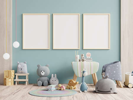 Mock up poster frame in children room,kids room,nursery mockup,3d renderingの写真素材