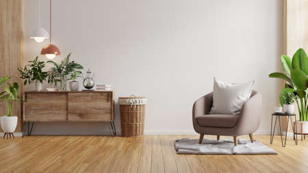 Modern minimalist interior with an armchair on empty white wall background.3D renderingの写真素材