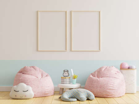 Two photo frame for mockup in children room,kids room,nursery mockup,3d renderingの写真素材
