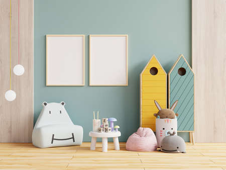 Mock up poster frame in children room,kids room,nursery mockup,3d renderingの写真素材