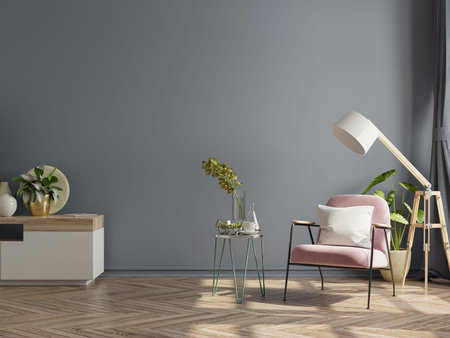 Modern minimalist interior with an armchair on empty dark wall background,3D rendering