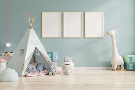 Mock up poster frame in children room,kids room,nursery mockup,3d renderingの写真素材