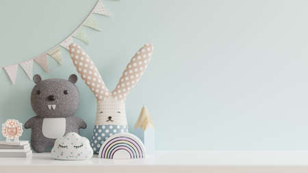Mockup wall in the children's room on wall blue colors background.3D Renderingの写真素材