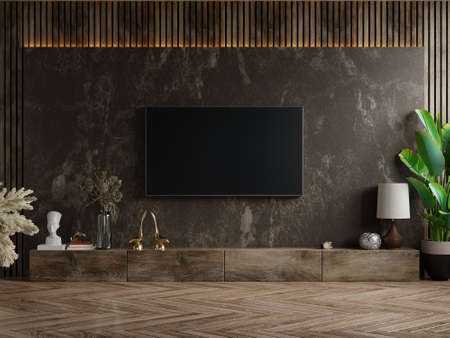 Mockup a TV wall mounted in a dark room with plant on dark marble wall background,3d renderingの写真素材