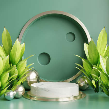 Podium display with Tropical leaf background,wall green,3D renderingの写真素材