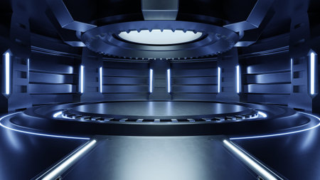 Empty light blue studio room futuristic Sci Fi big hall room with lights blue, Future background for...