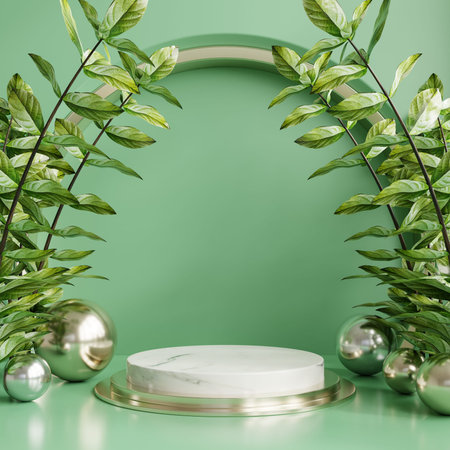 Podium display with Tropical leaf background,wall green,3D rendering