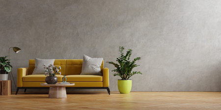 Yellow sofa and a wooden table in living room interior with plant,concrete wall.3d rendering