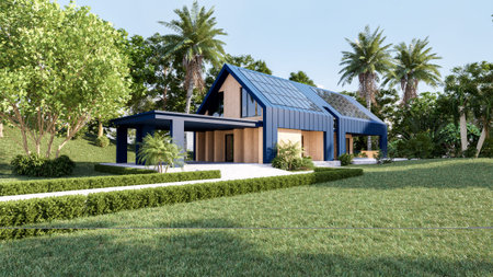 Solar panels on the roof of the modern house,Harvesting renewable energy with solar cell...