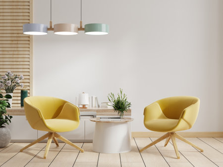 Cabinet and wall in living room with two yellow armchair,mockup white wall,3D renderingの写真素材