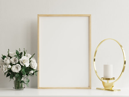Interior poster mockup with vertical wooden frame in home interior background with vase,3D rendering